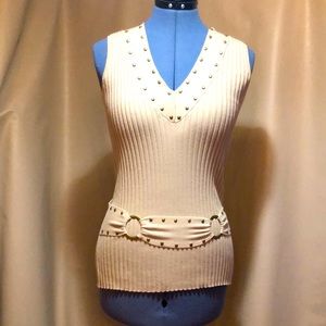 Tan V neck top with brass grommet detail on neck and on attached belt